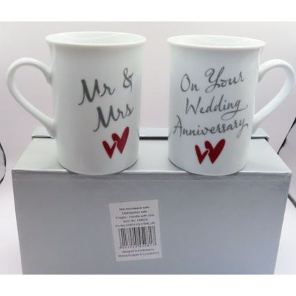 On Your Wedding Anniversary Day Mugs Fine China Ceramic Boxed Set of Two Gift