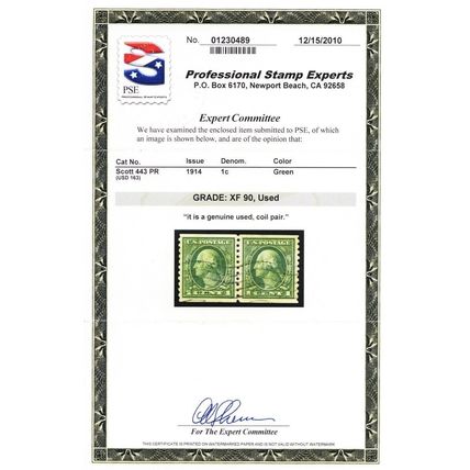443, Used XF 1¢ Coil Pair - Well Centered - PSE Graded 90 - Stuart Katz