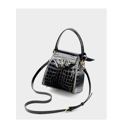 Women Genuine Leather Handbags Crocodile Pattern Handheld Cross Bag Black