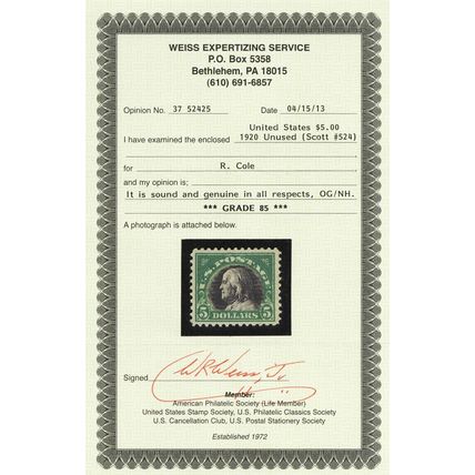 524, Mint VF/XF NH $5 - Graded 85 Certificate Stuart Katz