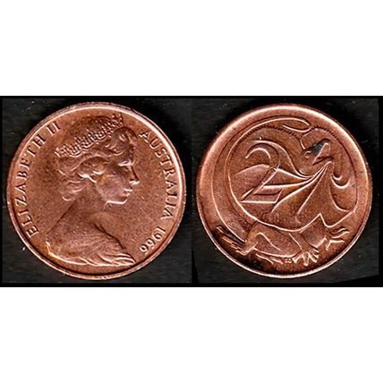 Australia Two Cent 1966 Used Coin Frilled neck-lizard, 2c QE II