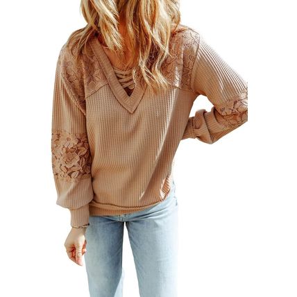 Apricot Lace Waffle Patchwork Strappy V Neck Long Sleeve Top