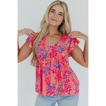 Red Leopard Print V Neck Flutter Sleeve Blouse
