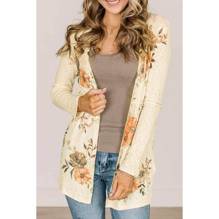 Apricot Floral Print Ribbed Knit Slim Fit Cardigan