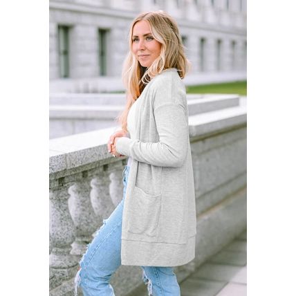 Beige Thermal Waffle Knit Pocketed Cardigan