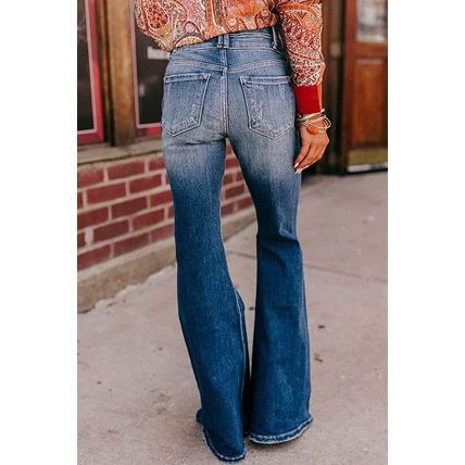 Sky Blue Button Fly Ripped High Waist Flare Jeans