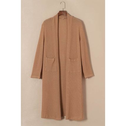 Chestnut Long Waffle Knit Cardigan with Pockets