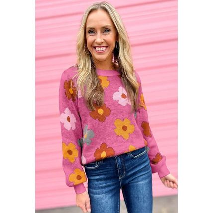 Pink Sweet Flower Knitted Ribbed Hem Sweater