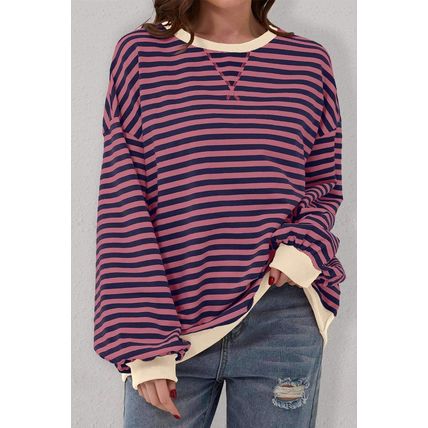 Red Stripe Oversized Contrast Trim Pullover Sweatshirt