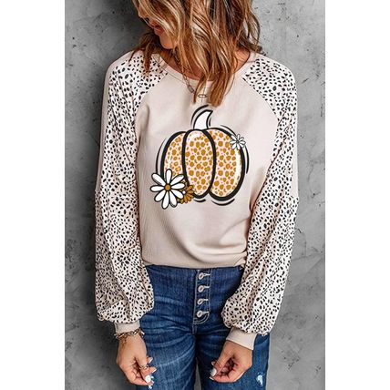 Khaki Leopard Raglan Long Sleeve Floral Pumpkin Graphic Top