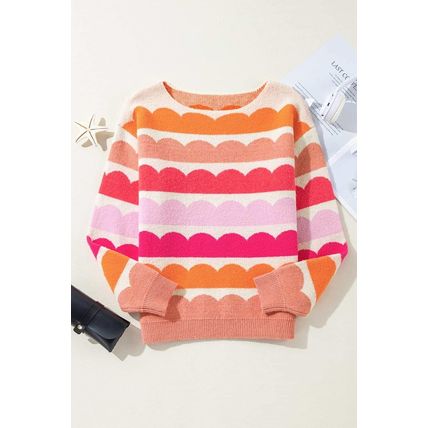 Rose Red Wave Striped Balloon Sleeve Drop Shoulder Sweater