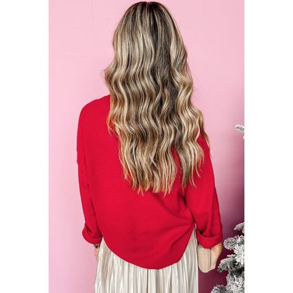 Fiery Red Tinsel Merry Letter Drop Shoulder Baggy Sweater