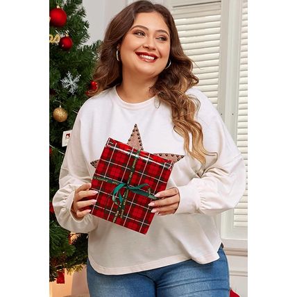 Beige Star Shape Studded Crew Neck Plus Size Long Sleeve Top