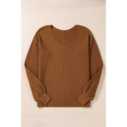 Camel Ribbed Knit Drop Sleeve V Neck Loose Fit Sweater