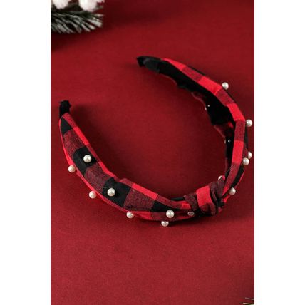 Red Dahlia Pearl Decor Christmas Plaid Knotted Headband