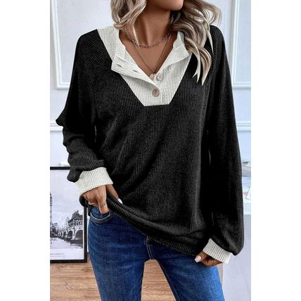 Black Color Contrast Ribbed Loose Fit Long Sleeve Top