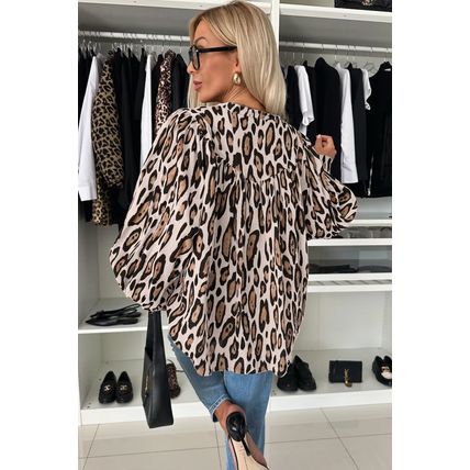 Jet Stream Oversized Leopard Print Balloon Sleeve Casual Shirt