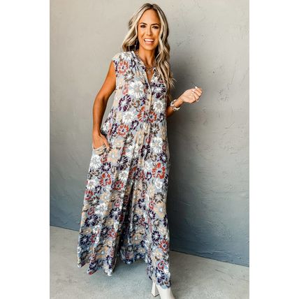 Sky Blue Floral Sleeveless Buttoned Pocketed Wide Leg Jumpsuit