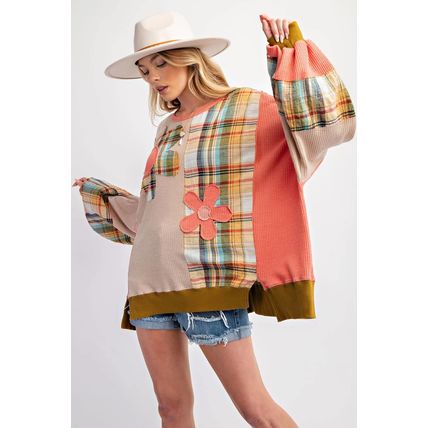 Multicolour Waffle Knit Plaid Patchwork Side Slits Loose Sweatshirt