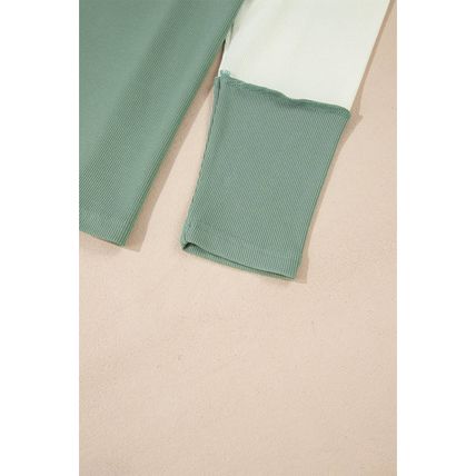 Mint Green Ribbed Colorblock Patchwork Raglan Long Sleeve Top