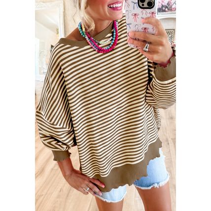 Brown Stripe Loose Drop Shoulder Long Sleeve Top