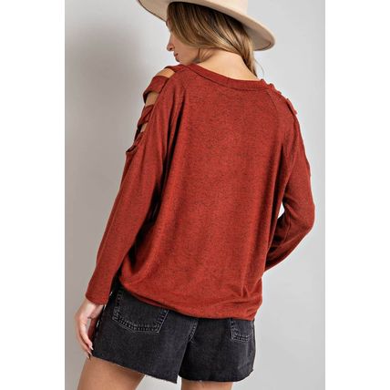 Orange Cutout Cold Shoulder Long Sleeve Top
