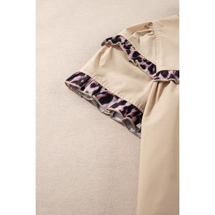 Smoke Gray Leopard Ruffles Trim Tiered Short Sleeve Blouse