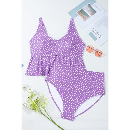 Purple Plus Size Polka Dot Print Ruffled Knotted V Neck Tankini Set