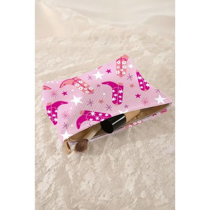 Pink Western Cowboy Boots Star Print Large Makeup Bag