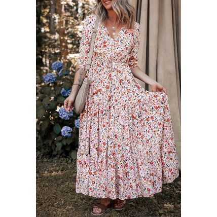 Red Boho Half Sleeve Floral V Neck Maxi Dress