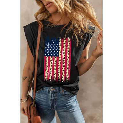 Black Leopard US Flag Printed Sleeveless Cotton Top