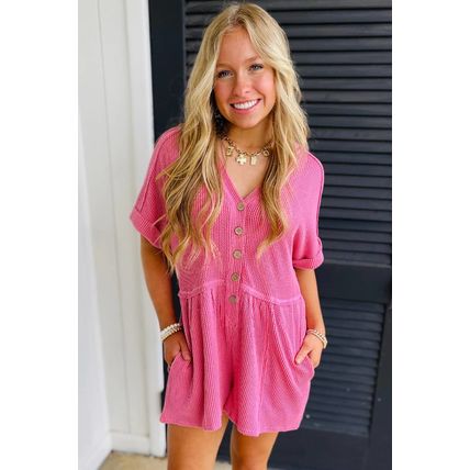 Bright Pink Spiral Ribbed Short Sleeve V Neck Buttoned Romper with Pocket