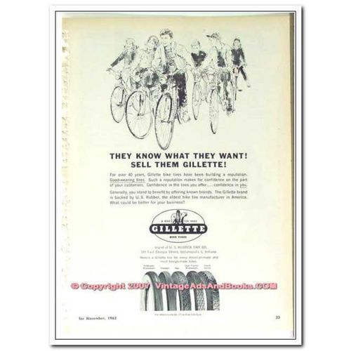 U S RUBBER TIRE COMPANY 1963 what they want Gillette bike vintage ad