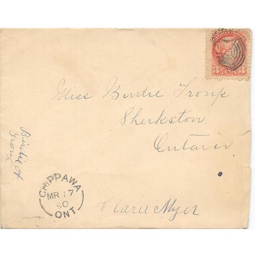 Chippawa, Ontario split ring cancel, 1890, to Sherkston. Willoughby County