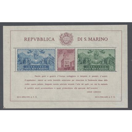 SAN MARINO 1945 50th ANNIV. OF GOVERNMENT PALACE SHEET M.N.H. SG MS308a