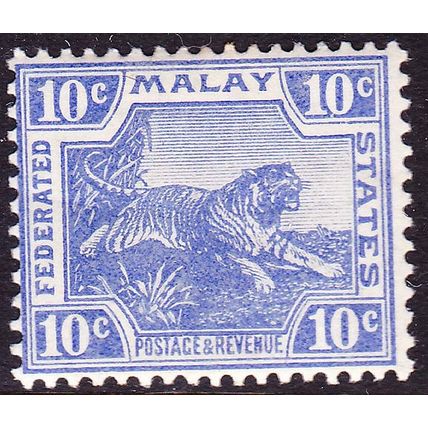 FEDERATED MALAY STATES 1919 10c Leaping Tiger bright blue SG44a- MINT