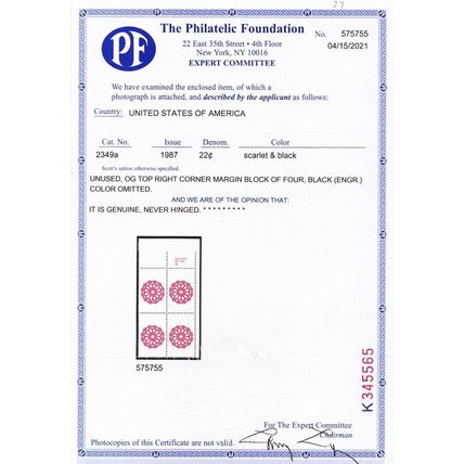 2349a, Mint VF NH 22¢ Black Color Omitted Block Error PFC Cert Stuart Katz