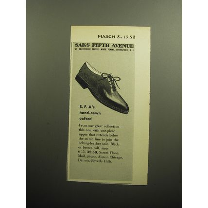 1958 Saks Fifth Avenue Shoes Ad - S.F.A's hand-sewn oxford