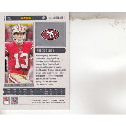 BROCK PURDY ROOKIE 2022 AUTOGRAPHED SAN FRANCISCO 49ERS ALL-PRO QUARTERBACK CARD