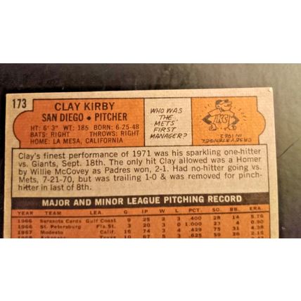 Topps 1972 # 173 Clay Kirby Pitcher San Diego Padres 6.0 Excellen Mint Condition