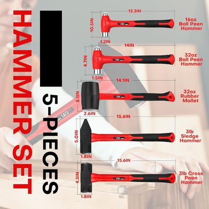 C&T 5-Piece Hammer Set, 16Oz Ball Peen Hammer | 32Oz Ball Peen Hammer | 32Oz Rub
