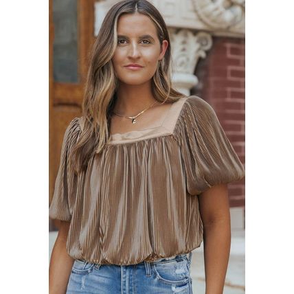 Simply Taupe Pleated Puff Sleeve Square Neck Blouse