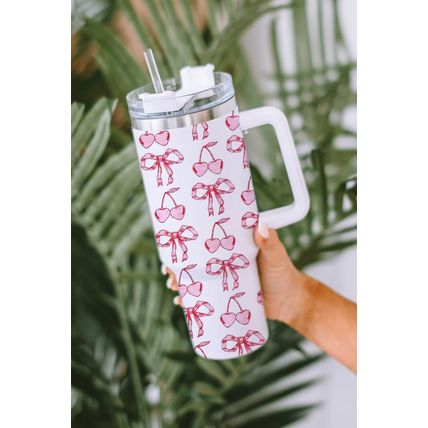 White Cherry Bowknot Stylish Large Tumbler with Handle 40oz