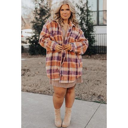 Multicolour Plus Size Plaid Print Collared Button up Jacket