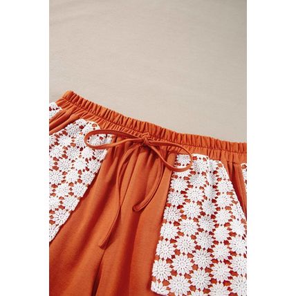 Gold Flame Plus Size Floral Crochet Patch Drawstring Wide Leg Pants