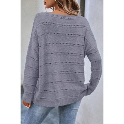 Light Grey Boat Neck Drop Shoulder Pointelle Knit Sweater
