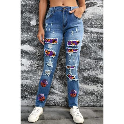 Sky Blue Sequin Pumpkin Patched Distressed Straight Leg Jeans