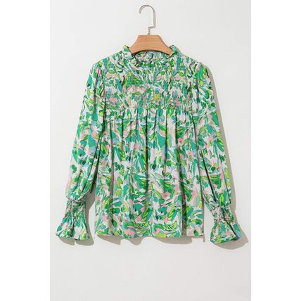 Green Leafy Printed Flounce Sleeve Shirred Mock Neck Blouse