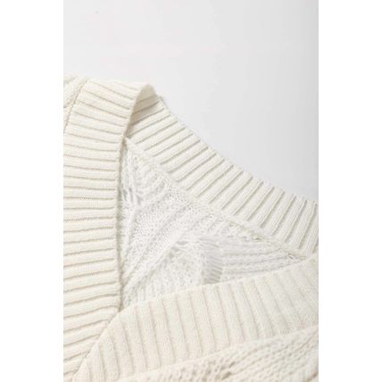 Beige Hollow Out Knit V Neck Drop Shoulder Sweater