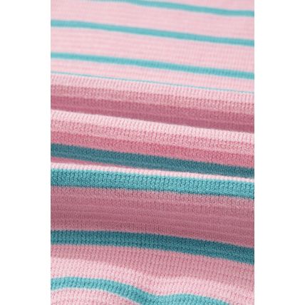 Pink Stripe Trimmed Round Neck Drop Shoulder Loose Sweater